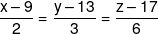 \frac{{x - 9}}{2} = \frac{{y - 13}}{3} = \frac{{z - 17}}{6}
