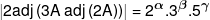 \left| {2adj\left( {3A{\kern 1pt} \,adj\left( {2A} \right)} \right)} \right| = {2^\alpha }{.3^\beta }{.5^\gamma }