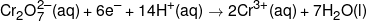 C{r_2}O_7^{2 - }(aq) + 6{e^ - } + 14{H^ + }(aq) \to 2C{r^{3 + }}(aq) + 7{H_2}O(l)