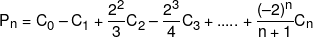 {P_n} = {C_0} - {C_1} + \frac{{{2^2}}}{3}{C_2} - \frac{{{2^3}}}{4}{C_3} + ..... + \frac{{{{\left( { - 2} \right)}^n}}}{{n + 1}}{C_n}