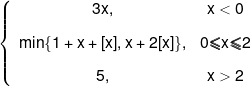 \left\{ {\begin{array}{*{20}{c}} {3x,}&{x < 0}\\[0.9em] {\min \{ 1 + x + [x],x + 2[x]\} ,}&{0 \leqslant x \leqslant 2}\\[0.9em] {5,}&{x > 2} \end{array}} \right.