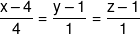 \frac{{x - 4}}{4} = \frac{{y - 1}}{1} = \frac{{z - 1}}{1}